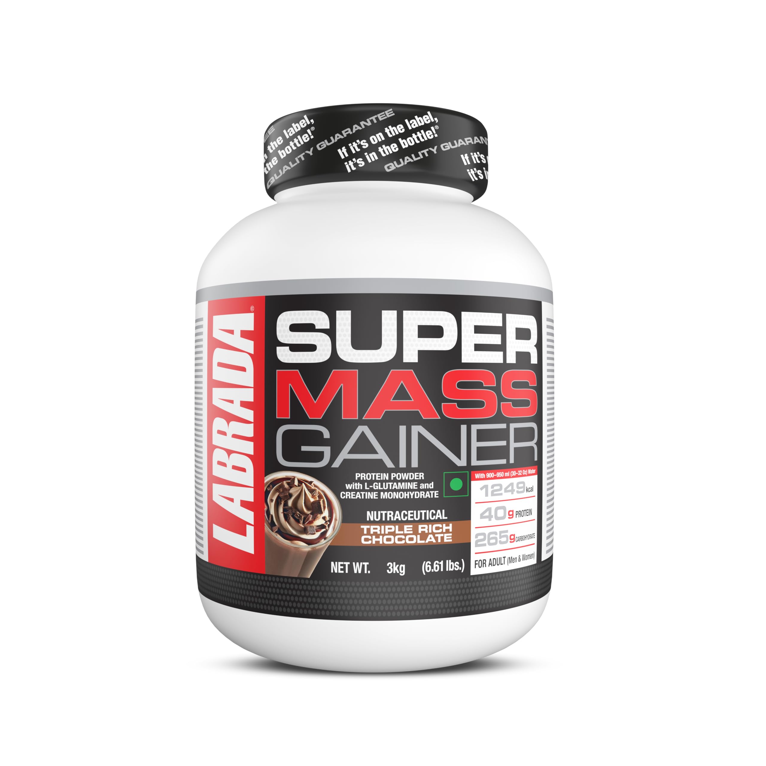 Labrada Super Mass Gainer 3kg | High-Calorie Protein Powder for Muscle Growth & Recovery |1234 Calories | 40g Protein | 265g Carbs | 3g Creatine | 500mg Glutamine, 3000gm (3 Kg, Triple Rich Chocolate)