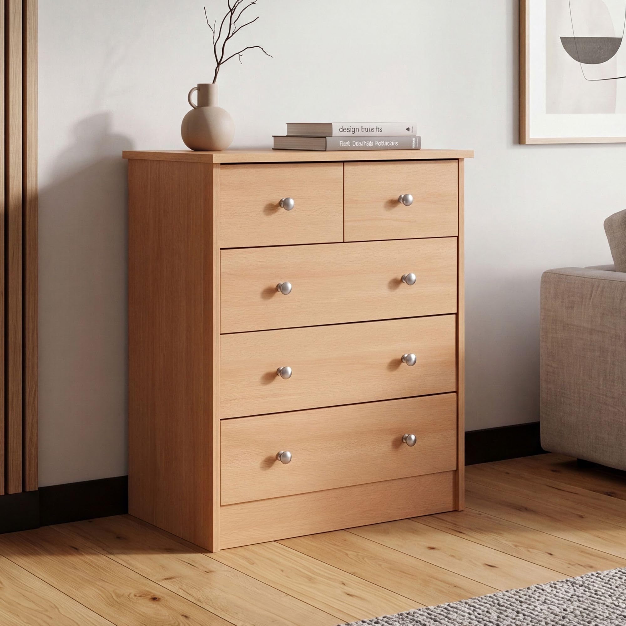 FineBuy Kommode 60x35x70 cm Buche mit 5 Schubladen, Flach