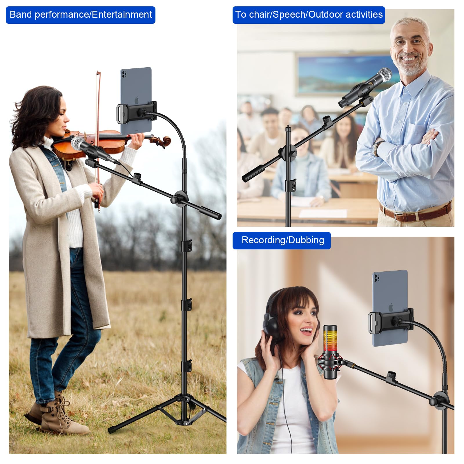 ZOMON Mic Stand, 6-in-1 Microphone Stand with Floor Boom, Support Boom, Gooseneck, Mic Clips, Tablet Phone Holder, Black - Image 3