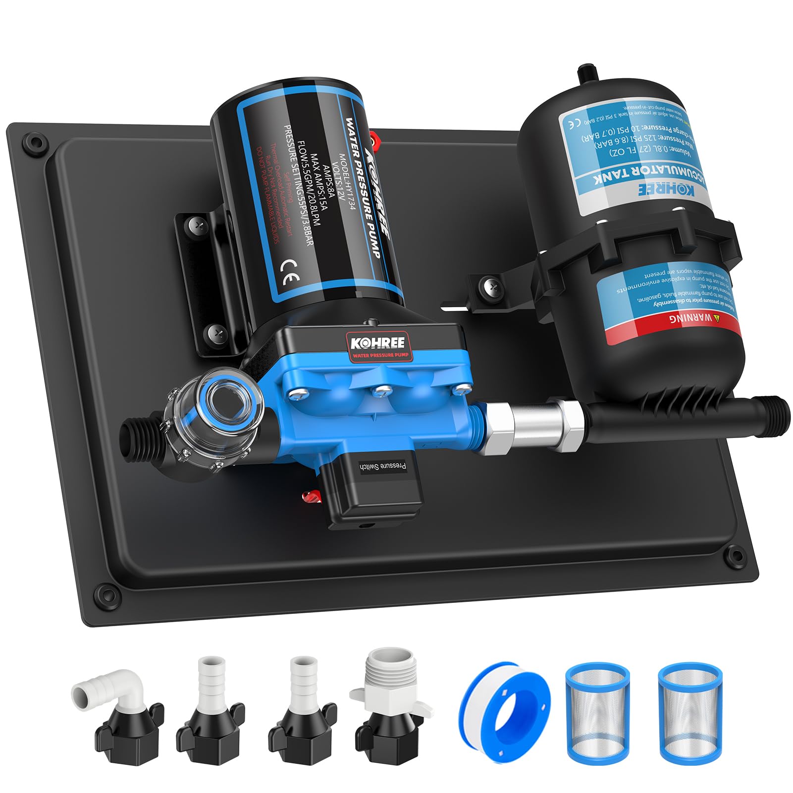 Kohree RV Water Pump 12V DC 5.5GPM 55PSI and 0.75L 125PSI Pre-Pressurized Accumulator Tank, Quiet RV Water Pump and Accumulator Tank System for RV Camping, Boat, Kitchen, Bathroom