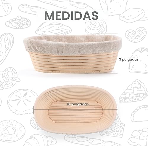 Miniatura 3 de Juego de cestas para fermentación de pan de 2 piezas de 10 pulgadas en forma ovalada con forros, perfectas para hornear pan de masa madre