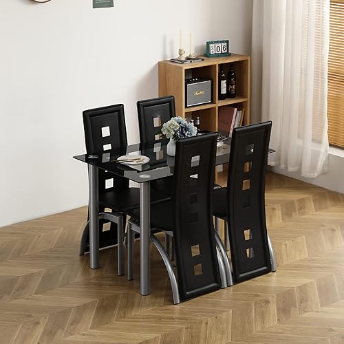 Miniatura 2 de Karl home Juego de mesa de comedor de 5 piezas con 1 mesa de comedor de cristal y 4 sillas de cuero, moderno juego de mesa de comedor plateado para