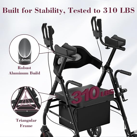 Upright Rollator Walker, Heavy Duty Stand Up Walkers for Seniors with Seat and Reversible Backrest, Foldable Standing Rollator with 8 Anti-Slip PU Wheels, Black