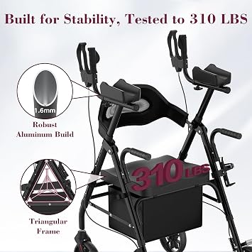 Upright Rollator Walker, Heavy Duty Stand Up Walkers for Seniors with Seat and Reversible Backrest, Foldable Standing Rollator with 8 Anti-Slip PU Wheels, Black