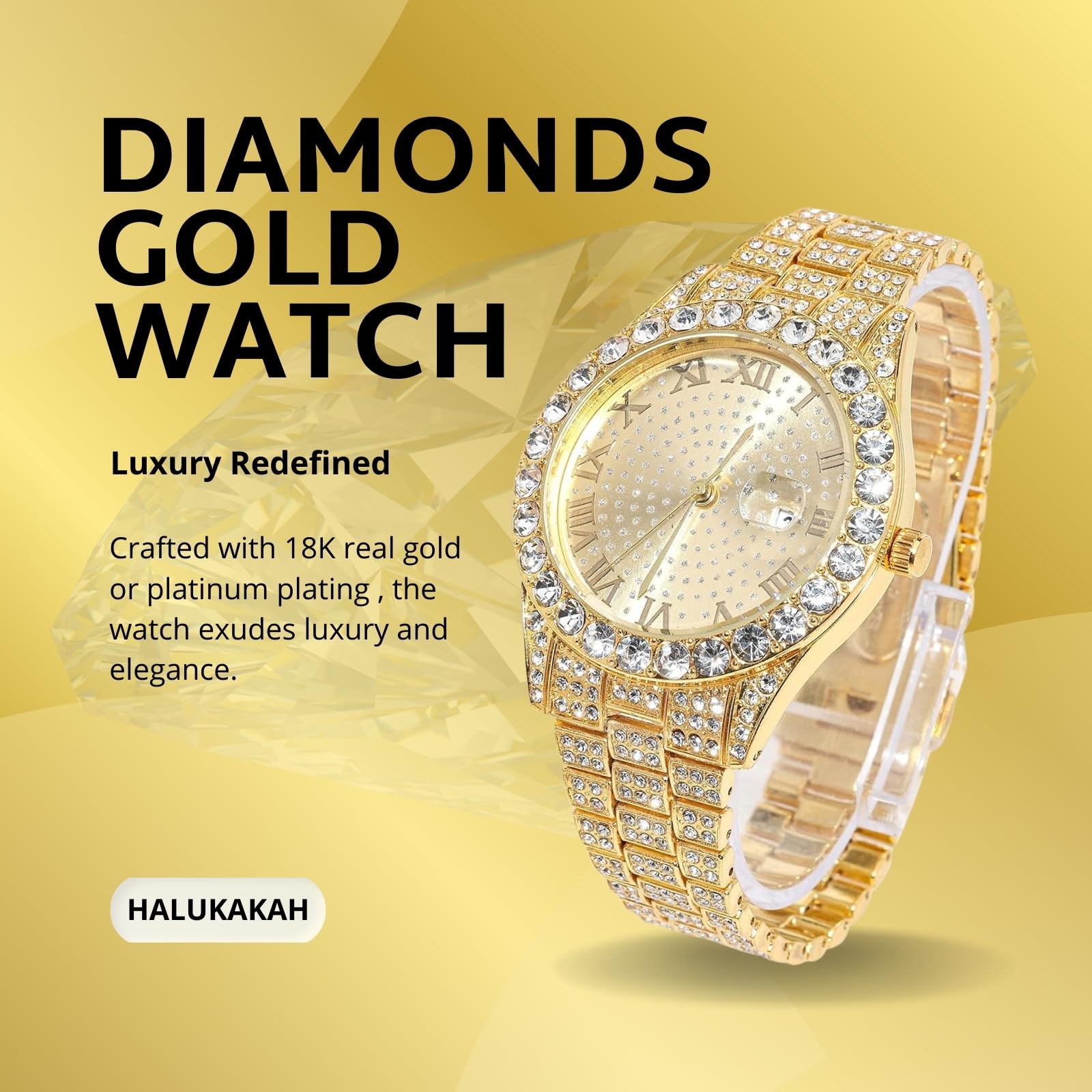 HALUKAKAH Reloj de Oro con Diamantes para Niños,Adolescentes,Chicos - Chapado en Oro 18K/Platino,Esfera Redonda 42mm,Cuarzo Japonés - Longitud 20cm,con Herramienta de Ajuste - para Cumpleaños,Fiestas