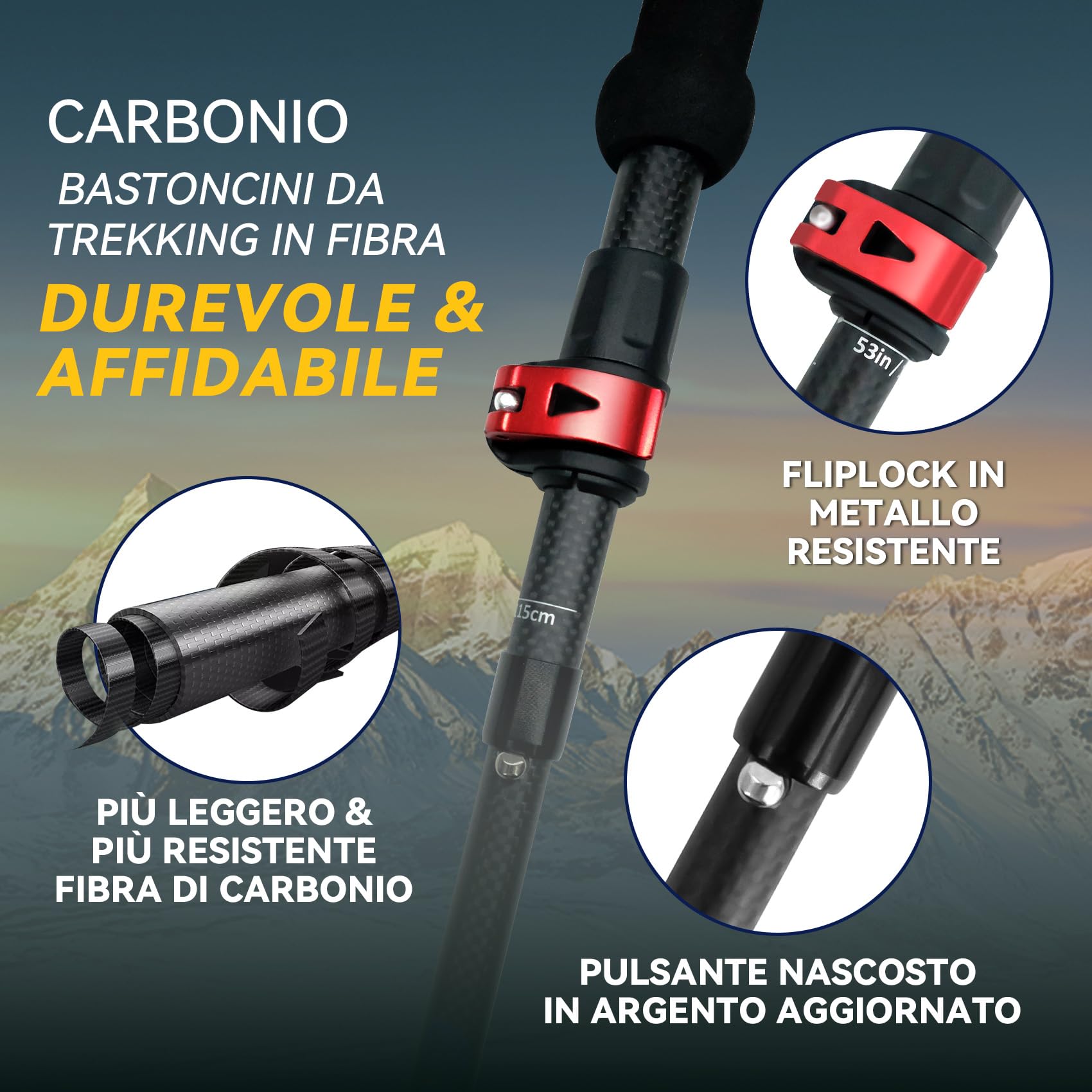 UnderwoodAggregator Bastoncini da Trekking in Fibra di Carbonio - 2 Bastoncini Regolabili e Leggeri per Uomo e Donna, Bastoni da Camminata Pieghevoli con Blocco Rapido, Compatti per Escursionismo