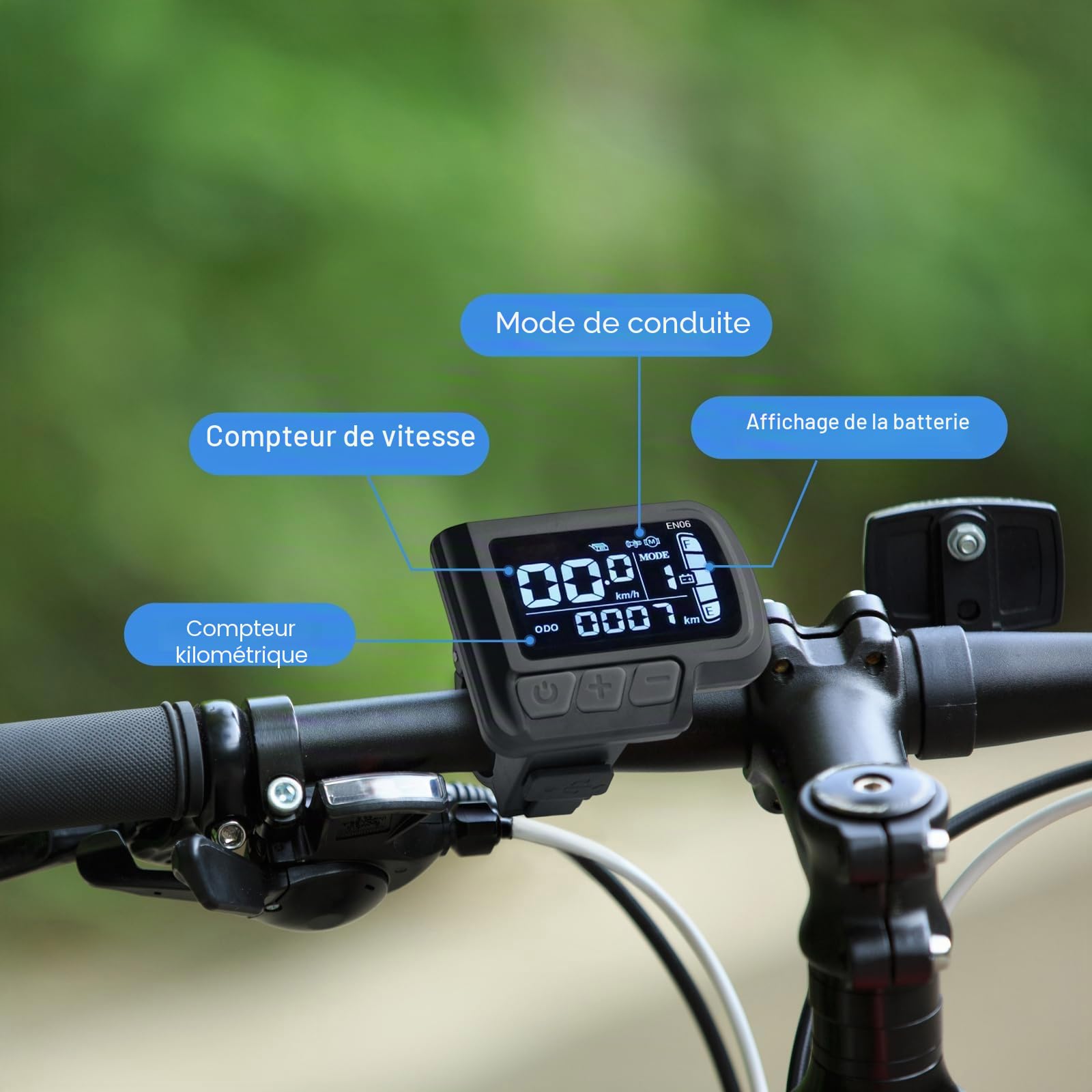 Affichage E-Bike 24V 36V 48V avec écran LCD et câble d'interface à 6 broches pour guidon de vélo électrique Corps ABS de 22,2 mm résistant à la température