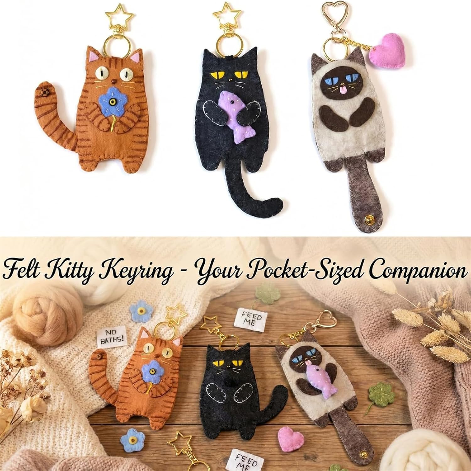 Felt Kitty Keyring, Cute Cat Keychain with 5 Charms, Handmade Cat Keychain Coin Purse Pouches Key Chain for Women Gift