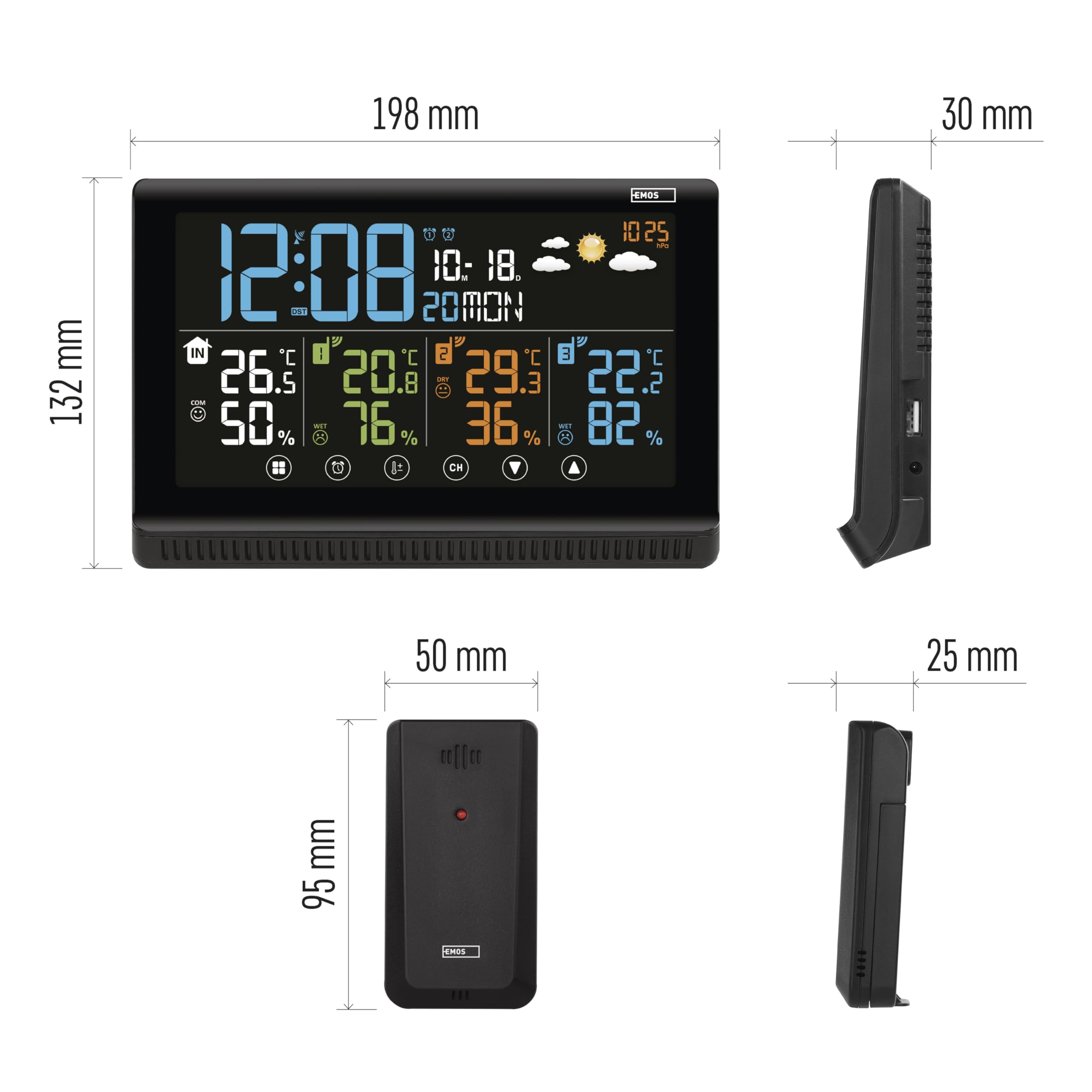 EMOS - Station météo sans fil avec 3 capteurs extérieurs et port USB - Thermomètre, hygromètre, baromètre, prévision, mémoire - Horloge radio-pilotée avec réveil, calendrier, affichage de confort