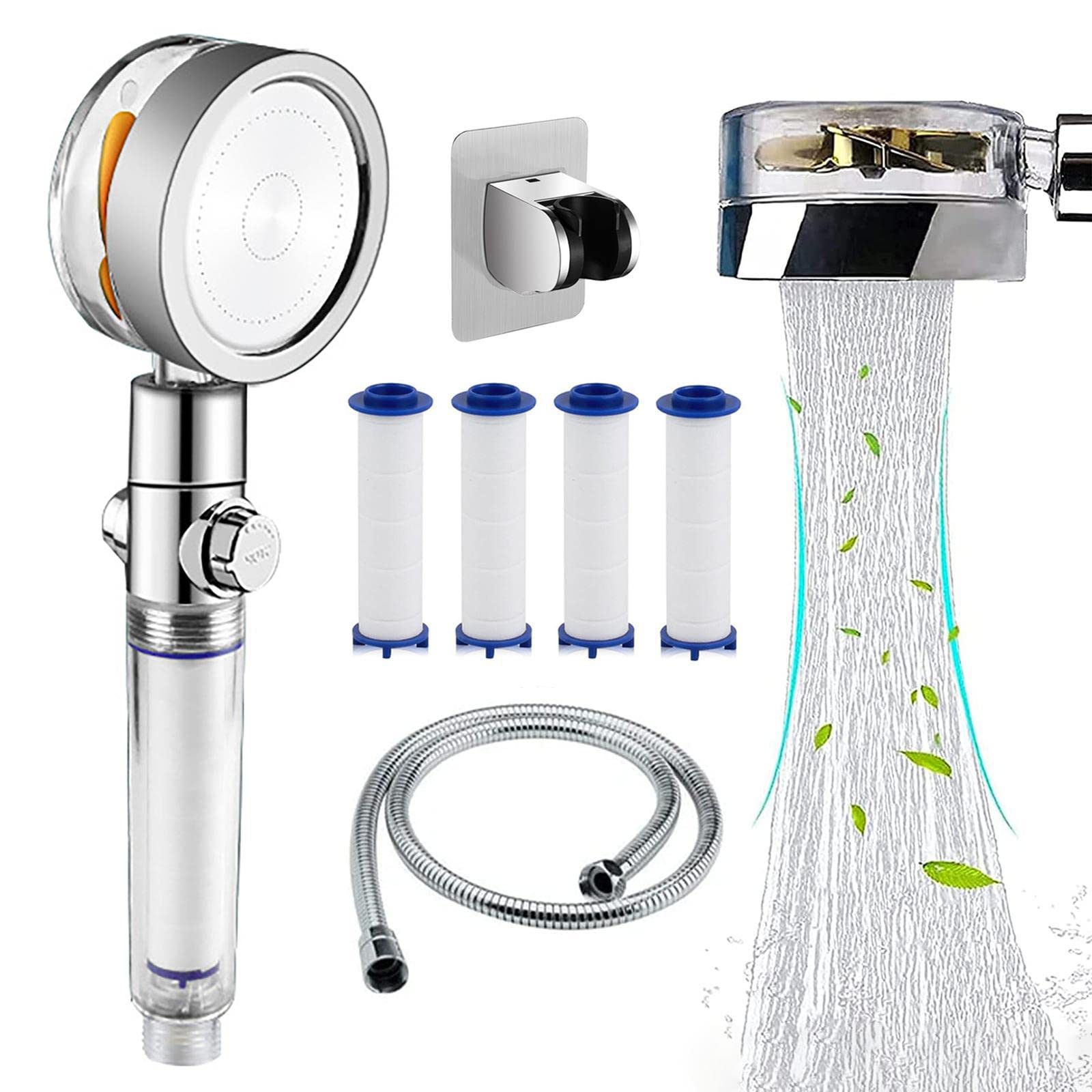 Pommeau de douche à main turbo rotatif haute technologie avec tuyau et 4 filtres