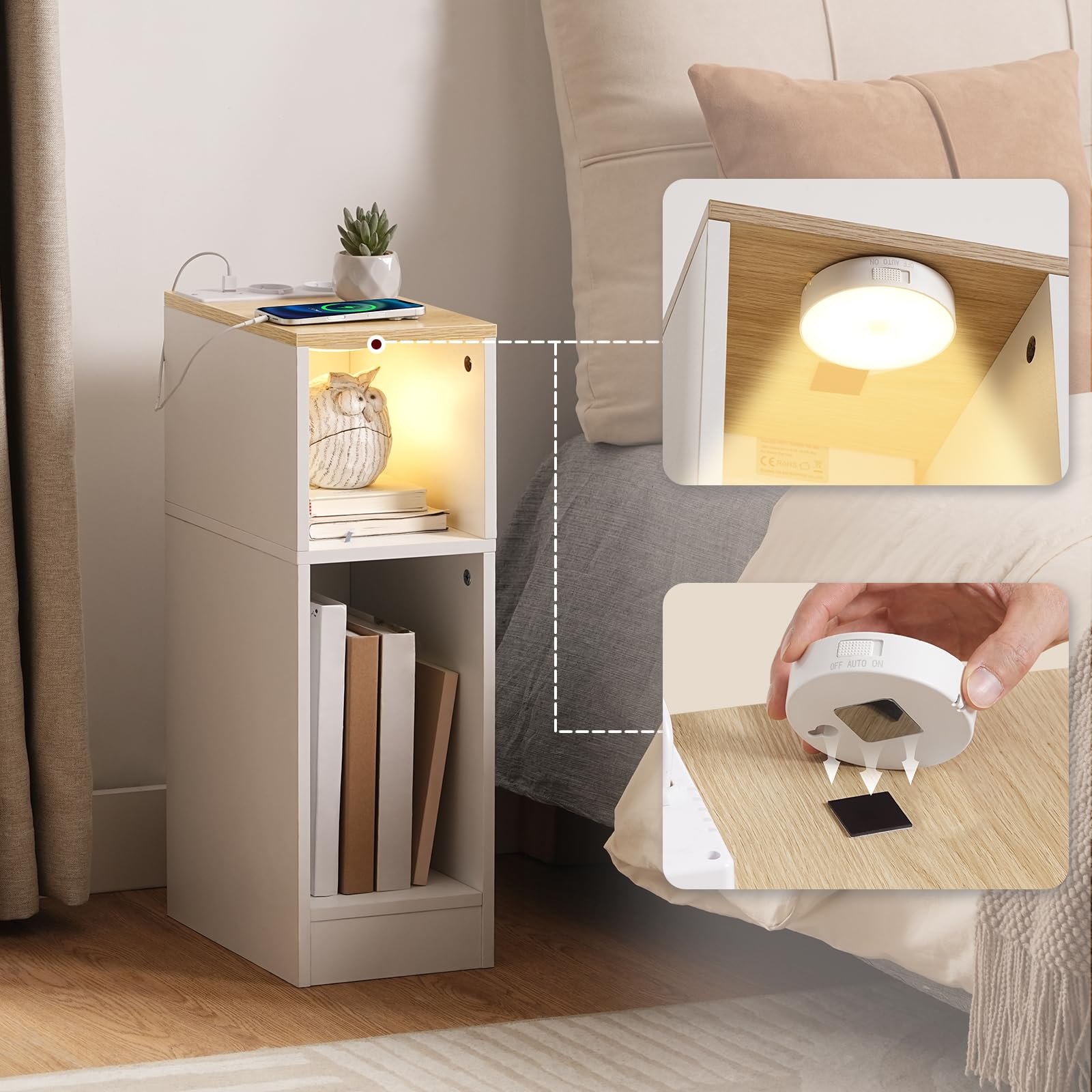 REAHOME Comodino Con Luci LED E Porte USB: Tavolino Alto 70 Cm Con 3 Cassetti, Marrone, Per Camera Da Letto O Soggiorno