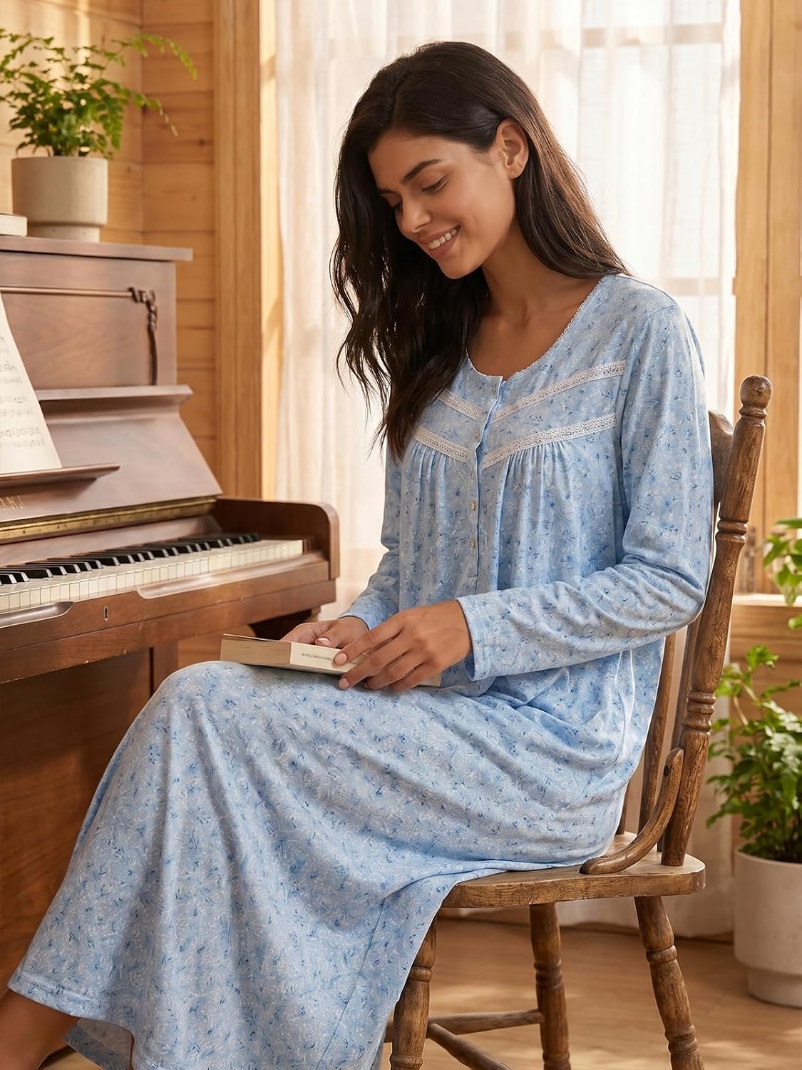 IZZY + TOBY Nightgowns for Women Long Sleeve Soft Cotton Long Warm Nightdress Kintted Night Gown