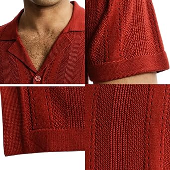 Mens Short Sleeve Lapel Collar Knit Sports Shirt Vertical Drop Needle Solid and Stripe Pattern