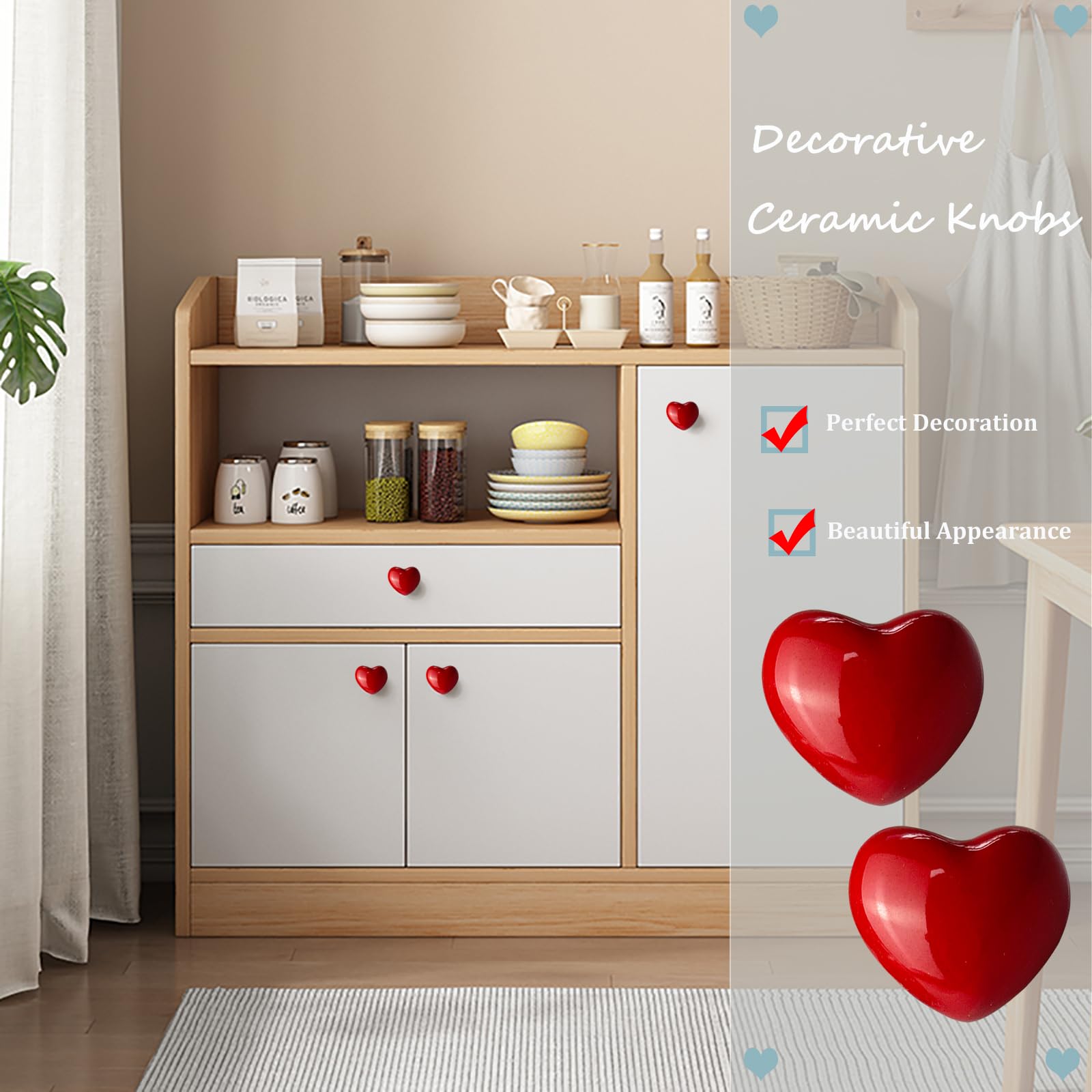 Mimhooy 4 Pack Red Ceramic Drawer Knobs Decorative Cabinet Knobs, Heart Shaped Cupboard Knobs, Knobs for Cupboards & Draws - Image 4