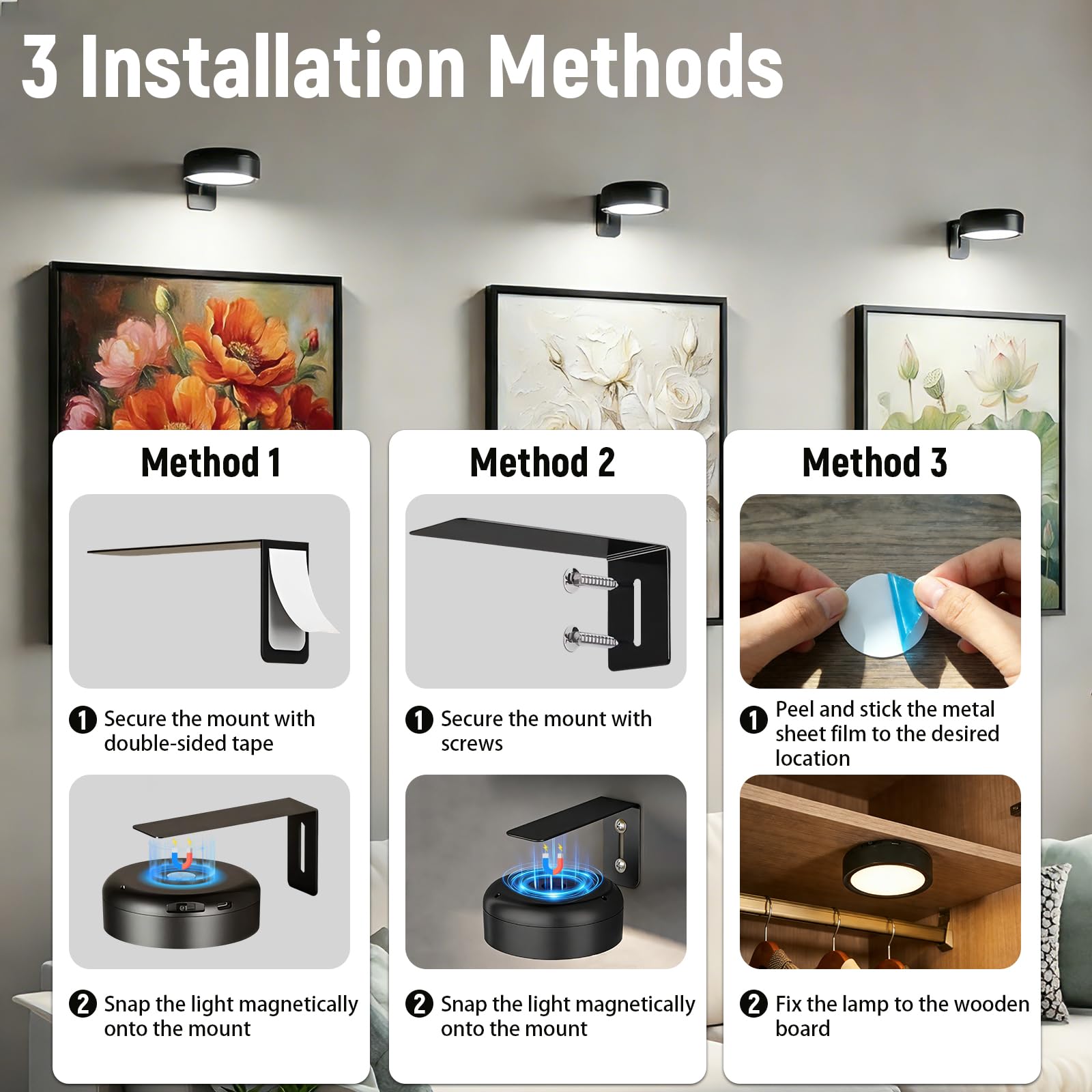 3 Pezzi Luce per Quadri Senza Fili con Telecomando, 3 temperature di colore, Luci per Quadri Senza Fili Ricaricabili con Timer, Magnetic Painting Light per Armadio, Pittura, Vetrina (Nero)