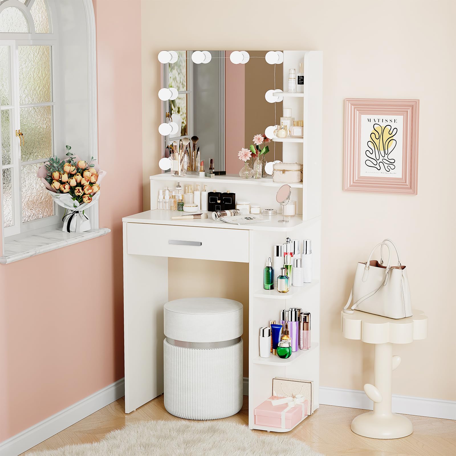 Neoriver Makeup Vanity Desk with Mirror and Lights, 26.4”Small Vanity Mirror with Lights with Large Drawer and 6 Level Storage, White Vanity with Large Led Mirror with 3 Color Lighting Modes (White)