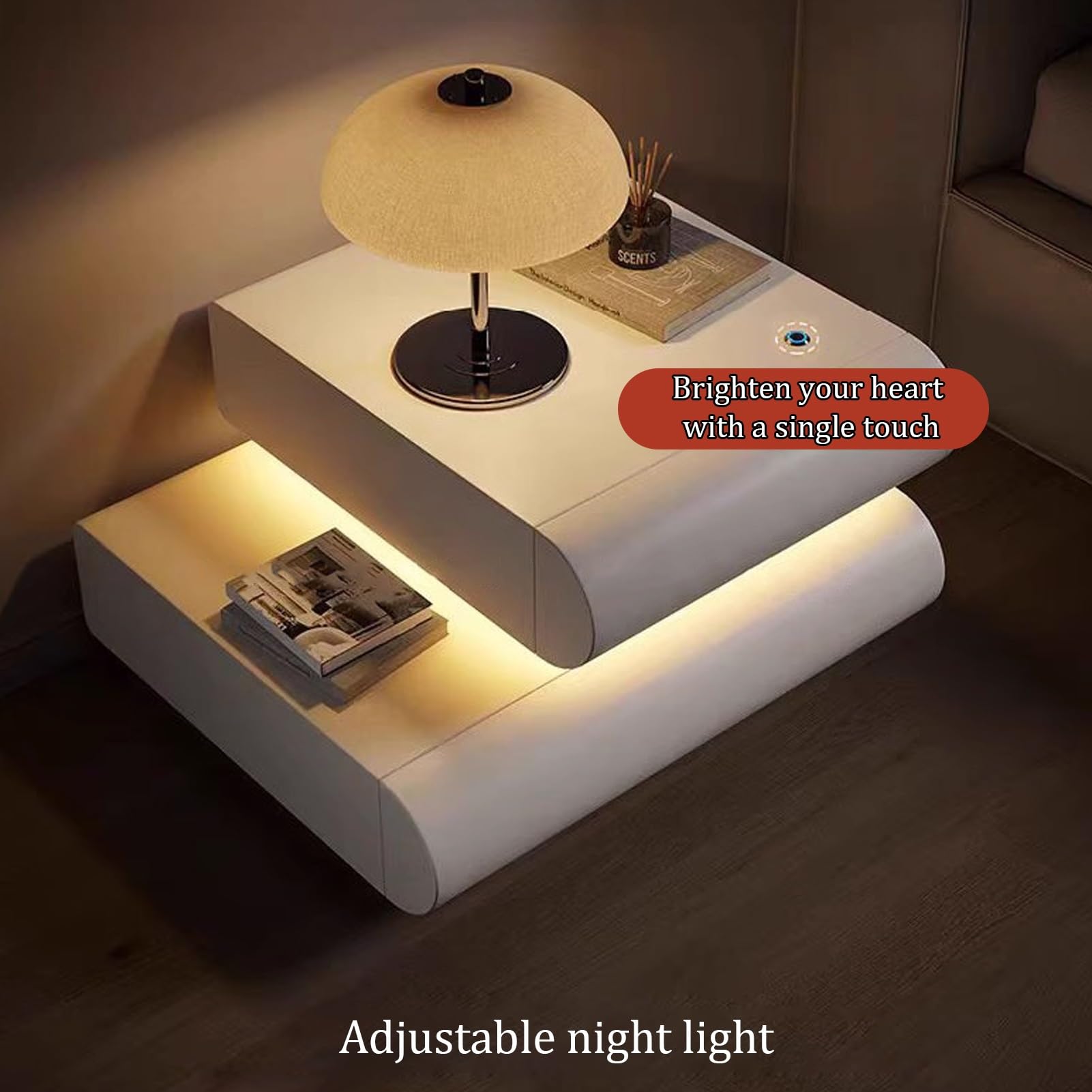 Comodino Moderno, Inteligente Mesitas de Noche, Comodino In Microfibra, Leggero, Lussuoso e di Alta Qualità, con 2 Cassetti In Legno Massello, for Camera da Letto(White Left)