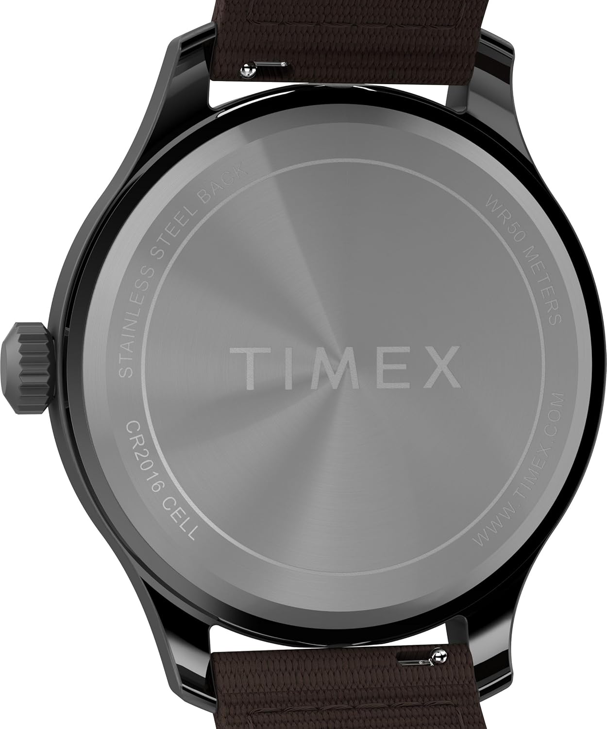 Close-up of the watch case back showing Timex logo and water resistance rating.