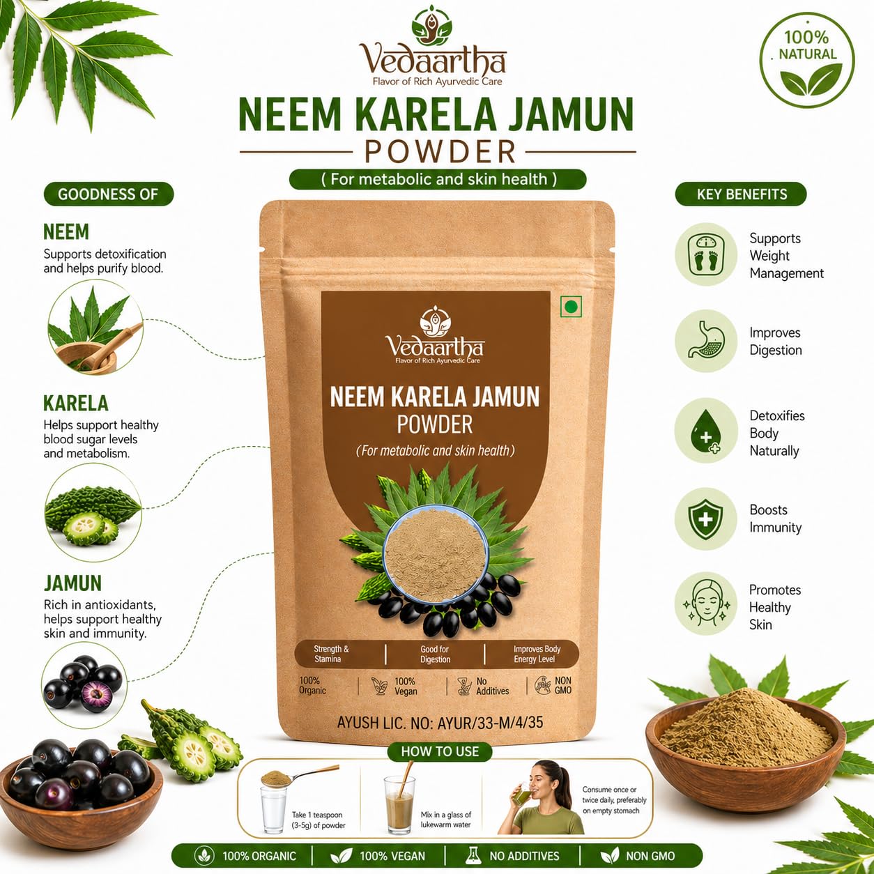 Organic Neem Karela Jamun Powder for Diabetes Care | Ayurvedic Herbal Supplement with Jamun Seed & Karela Neem | Vegan Blood Sugar Control Churna | AYUSH Certified for Immunity & Wellness | Natural Detox for Men & Women (100g) — Amazon image 3