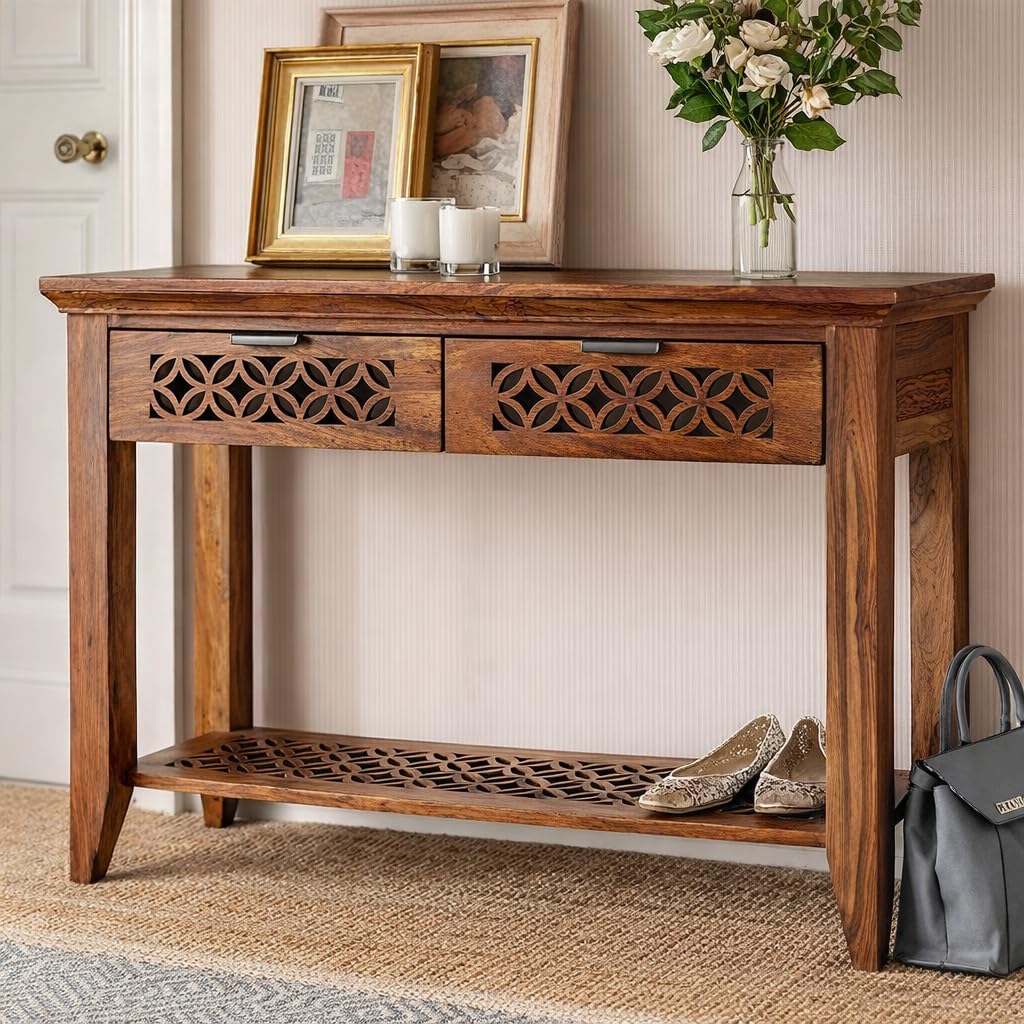 Vivek Wood Solid Sheesham Wood Console Table for Living Room | Wooden Side Entrance Table for Home with 2 Drawers & Shelf Storage | Entryway/Foyer Table | Rosewood, Honey Finish-image-14