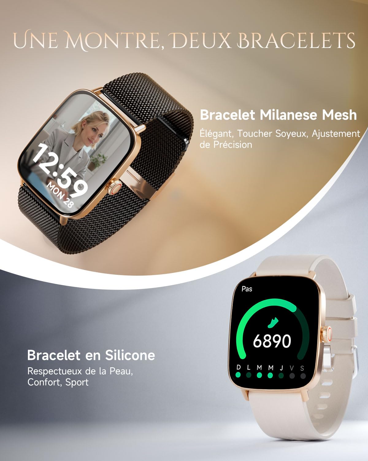 TOOBUR Montre Connectée Femme, Montre Podometre, Étanche IP68, Noir Doré | Montre de Sport Tendance, Montre Connectée Santé/Cardio/Sommeil, Smartwatch Compatible Android/iOS, Répondre Appels
