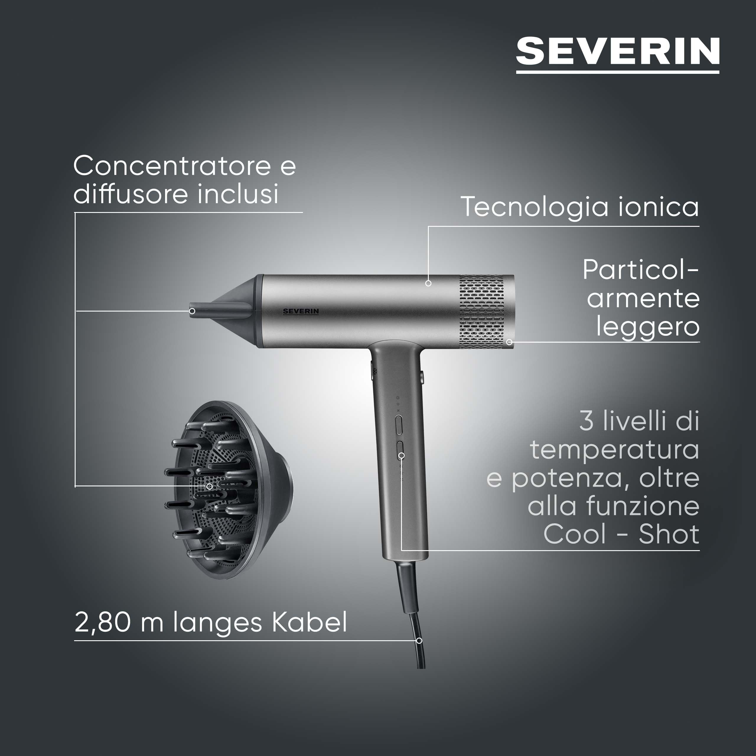Severin Asciugacapelli Ionico Professionale con Diffusore e Concentratore Magnetici, Motore BLDC Potente e Silenzioso, Tecnologia a Ioni Anticrespo, 2.000 W, Antracite, HT 0171