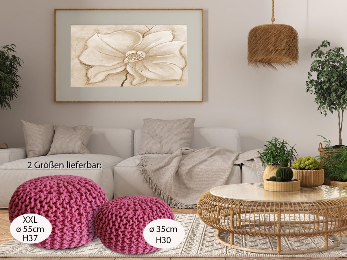 Strickhocker XXL Pouf Ø55 H37cm Bodenkissen Sitzpouf Baumwolle nachhaltig Farbe pink