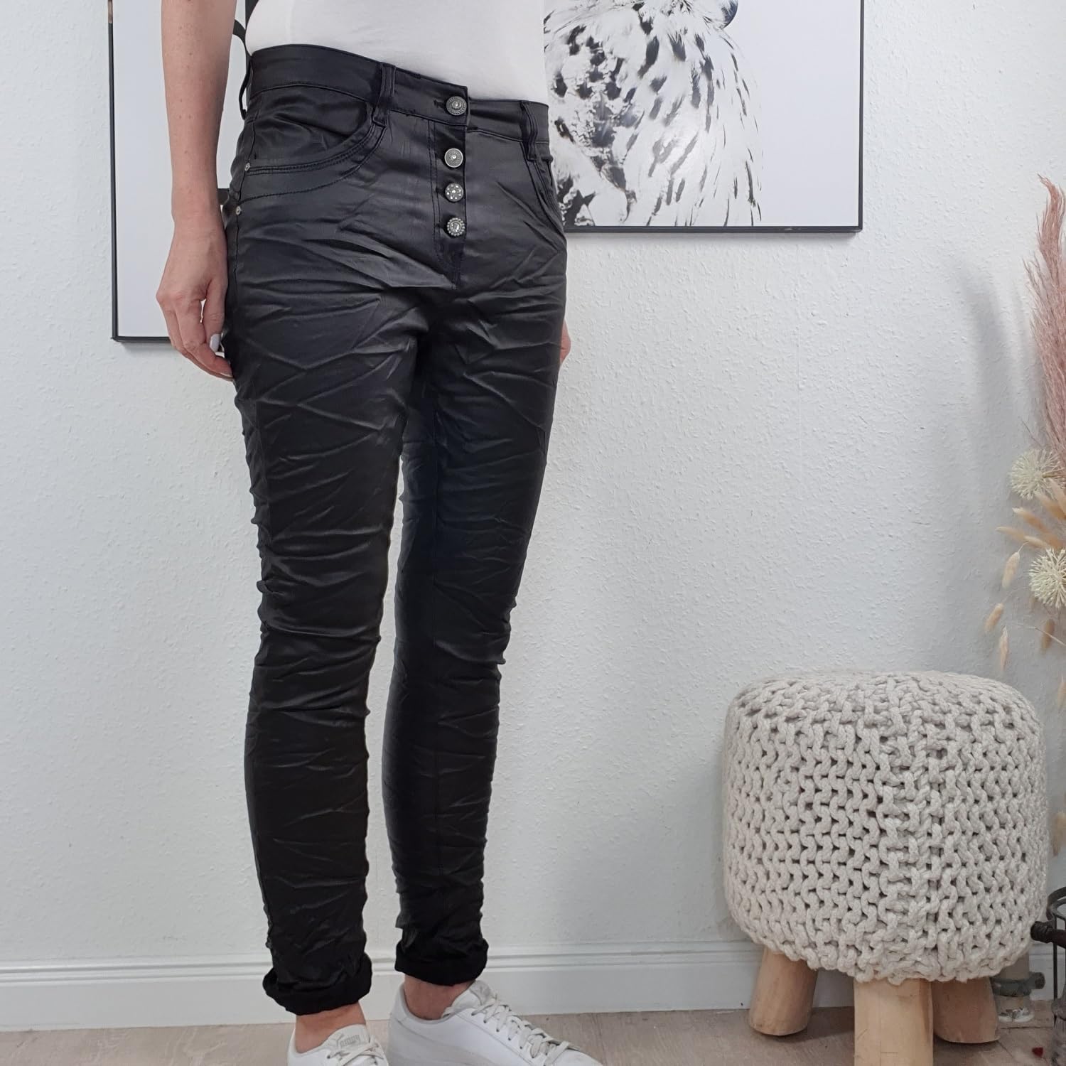 Jewelly Pantalon stretch en faux cuir pour femme - Coupe boyfriend - Avec boutonnière ouverte