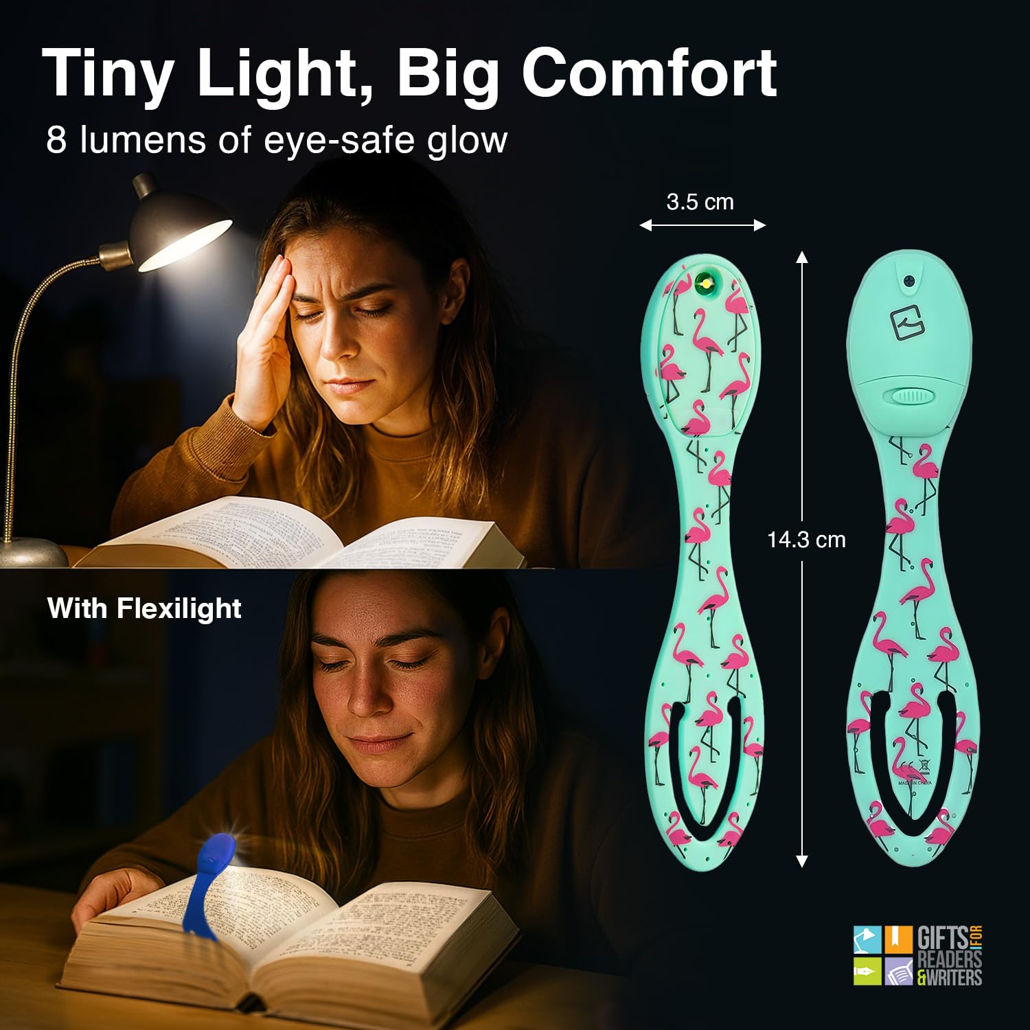 Flexilight Luce da Lettura | Segnalibro 2 in 1 Luce per Libro | Lampada LED a clip da Lettura | Pila per Leggere a Letto per Bambini e Adulti | Accessori per Libri | Regalo per Lettori (Fenicottero)