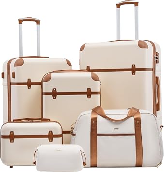 Coolife Luggage Set, PC Hardside, TSA Lock, 6-Piece, White | Suitcase Set, Spinner Wheels, Telescopic Handle, Vintage Design, Cosmetic Case/Duffle/Toiletry Bag/20/24/28, Family Travel
