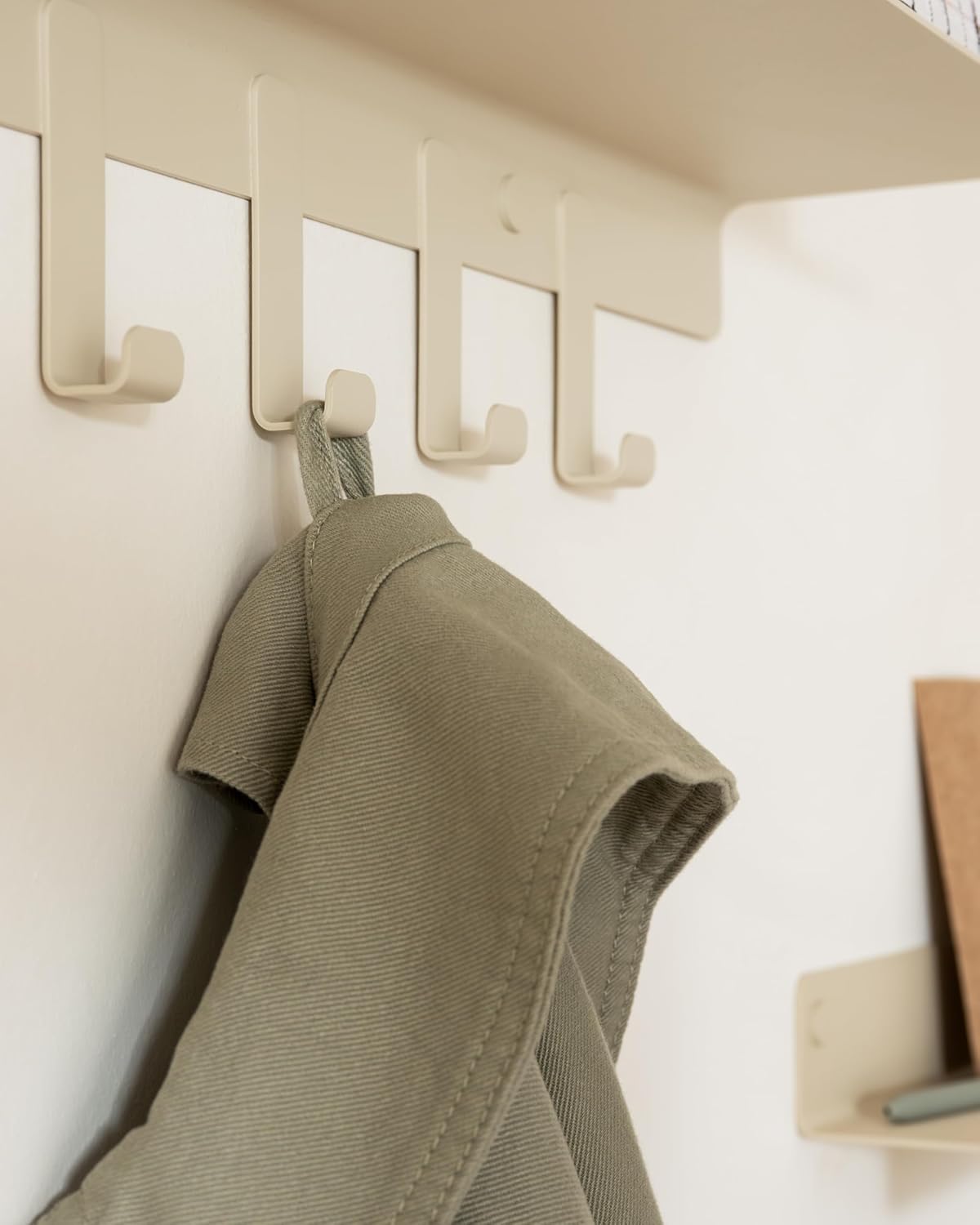 Kazai. Coat Rack Wall Mount with Shelf 'Holmsen' | Coat Rack with Shelf for Storage and Display | Wall Hooks for Hanging Clothes and Purses | Modern Entryway Hangers in Metal | Sand Taupe