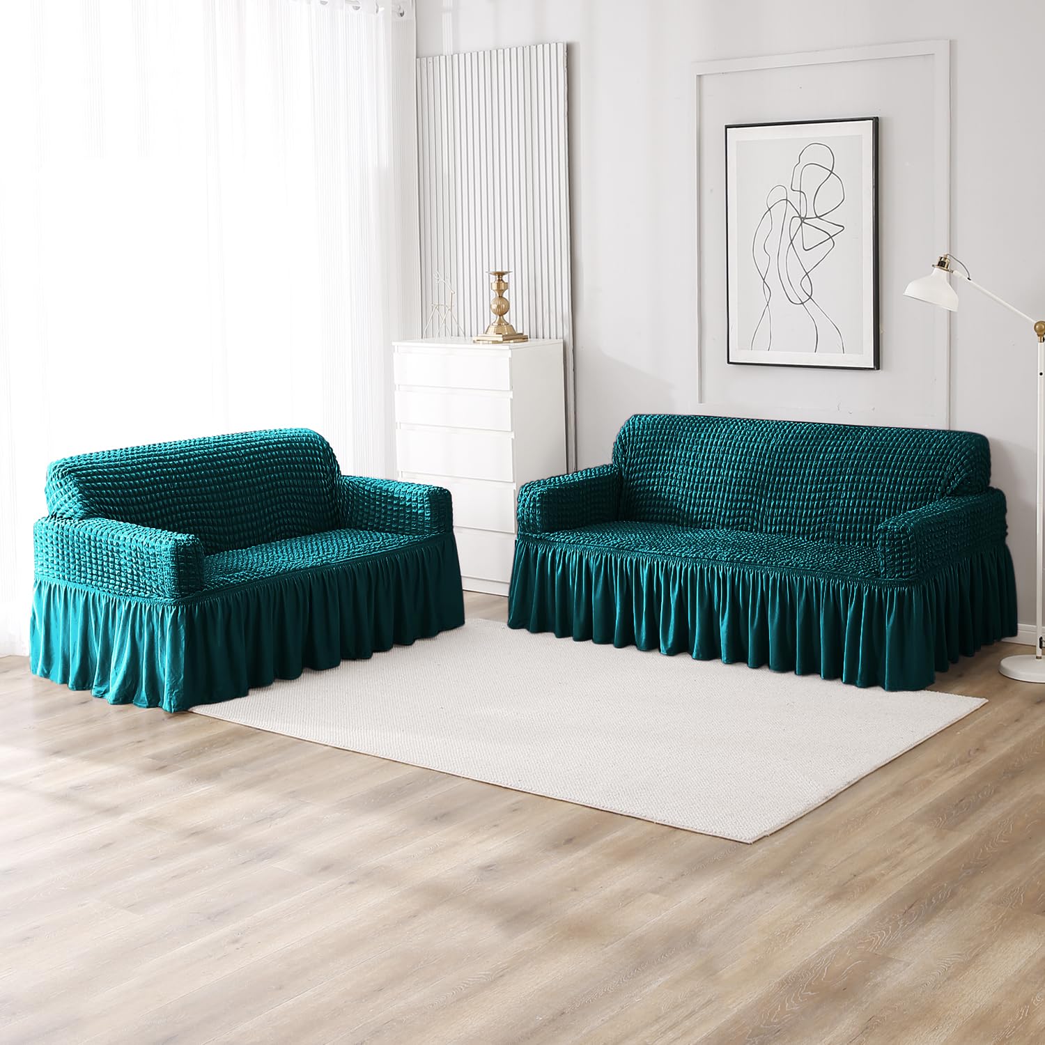 HOKIPO Elastic 3+2 Seater Bubble Frill Sofa Cover, Teal (AR-5256-TL + AR-5257-TL)-image-0
