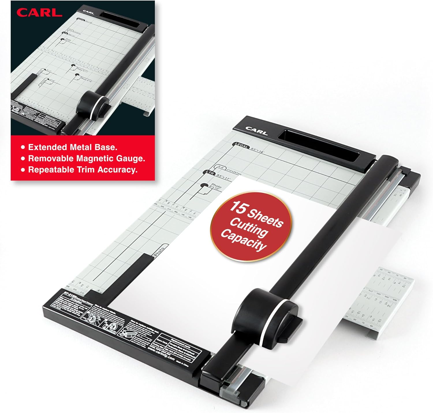 Carl, Professional Rotary Paper Trimmer 15-inch, 15 Sheet Cutting Capacity, Black and Silver