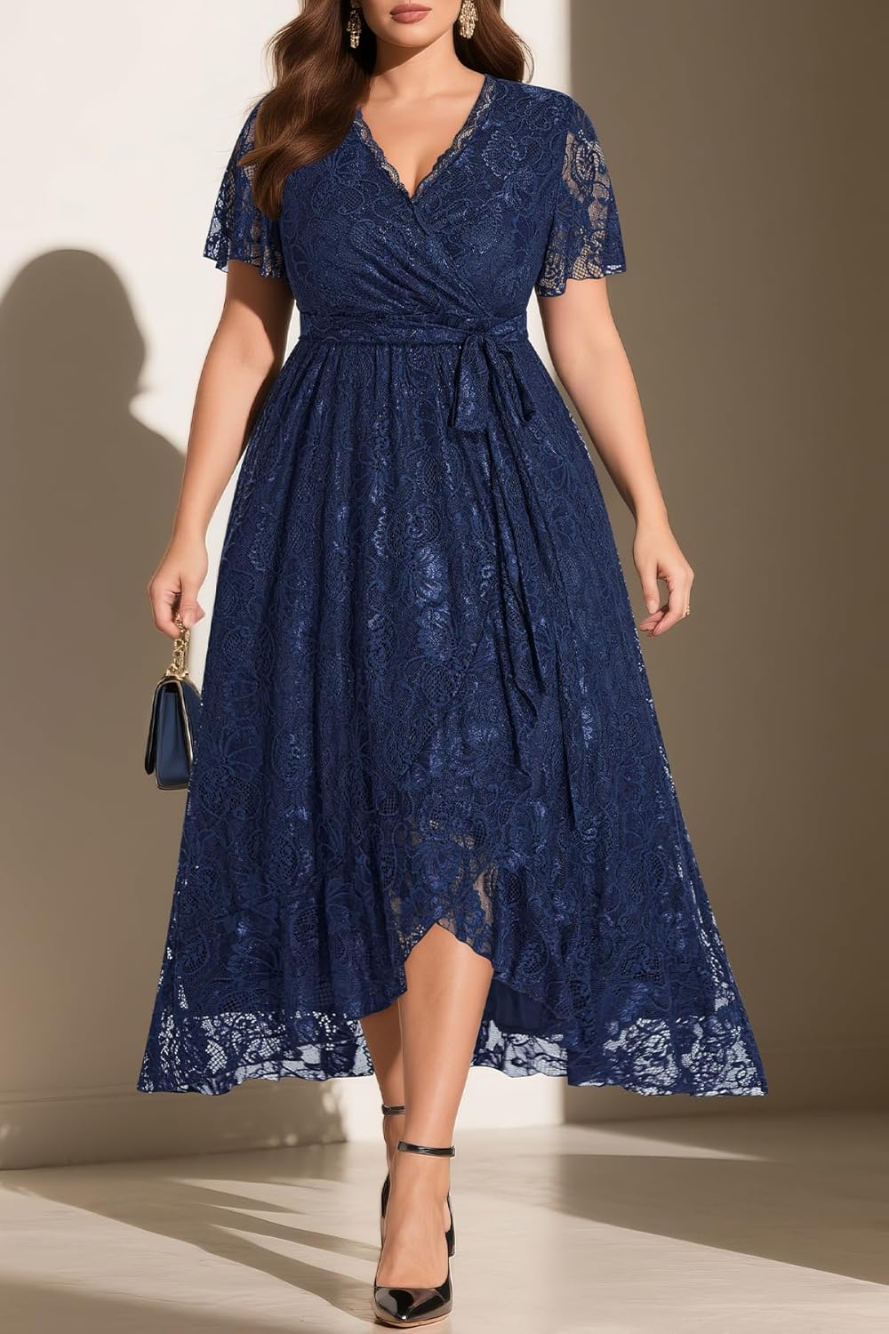 Plus Size Dresses Wedding Guest - Formal Cocktail Party Long Lace High Low Wrap V Neck Dress - Image 3