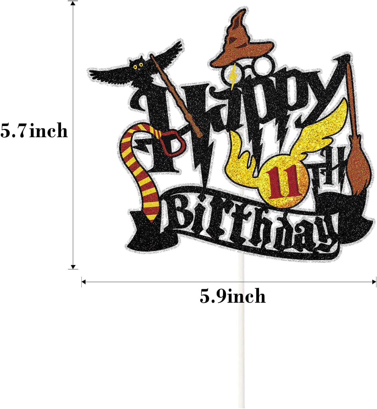 Wizard Happy 11th Birthday Cake Topper - Glitter School Wizard Cake Decor - Harry Theme Party 11th Birthday Party Decoration Supplies