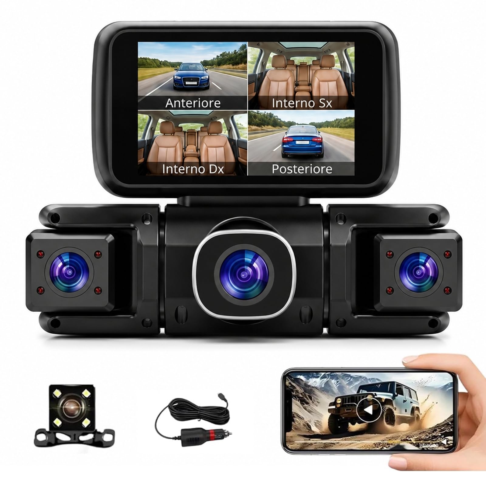Carvid Dash Cam, telecamera da cruscotto Full HD a 4 canali da 3", con visione notturna a infrarossi, schermo IPS HD, connettività WiFi e smartphone