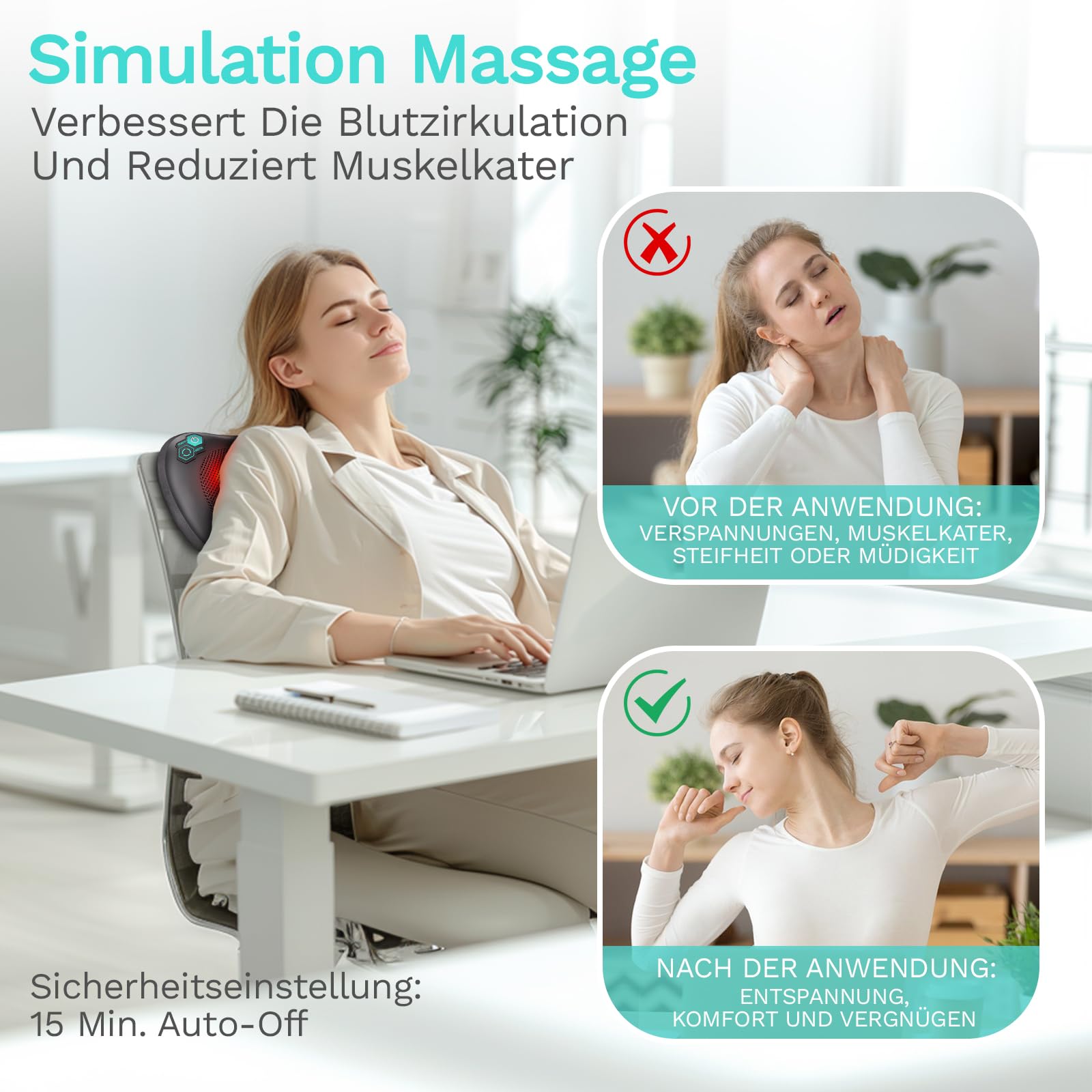 TAKRINK Shiatsu Massagekissen Nackenmassagegerät Rückenmassagegerät mit 8 Knoten und 3 Speed Tiefengewebsknetung Leise Massagegerät für Nacken Schulter rücken mit 1,8 m Autokabel für Männer, Frauen