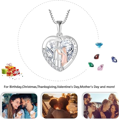 Miniatura 8 de Collar de plata de ley 925 con piedra natal de corazón con texto en inglés "I Love You Forever", regalos para hermana de hermano, joyería de