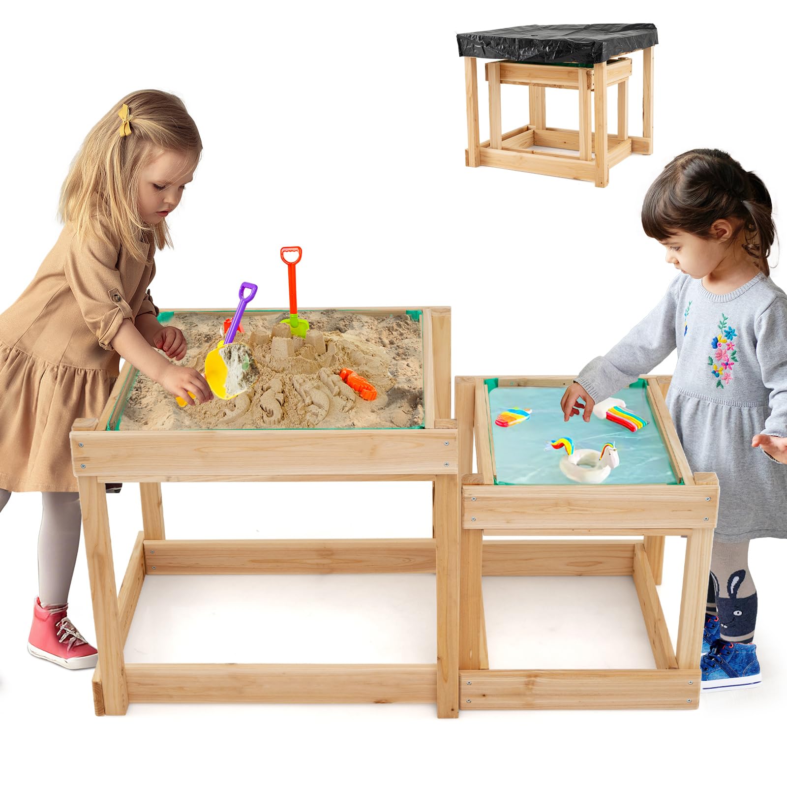 GLACER Sand Table, Space-Saving Toddler Activity Table with Built-in Liner, Protective Cover, Water and Sandbox Table for 3+ Years Old Boys and Girls, 2 Pcs Sensory Table for Garden, Bench, Backyard