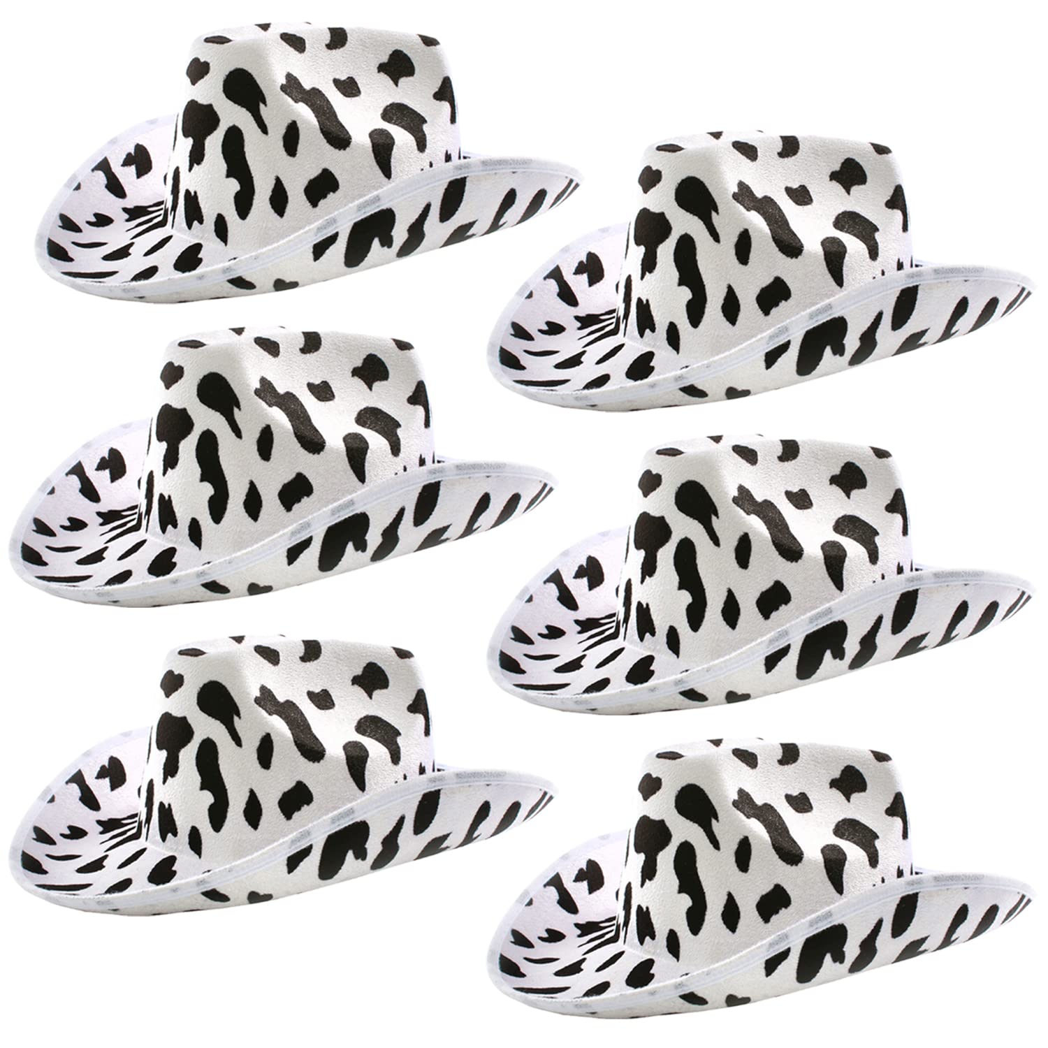 Adults Cow Print Cowboy Hat - Pack of 6 - White Felt Cowboy Hat with Black Cow Pattern - Adults Western Cowboy Y2K Fancy Dress Costume Accessory