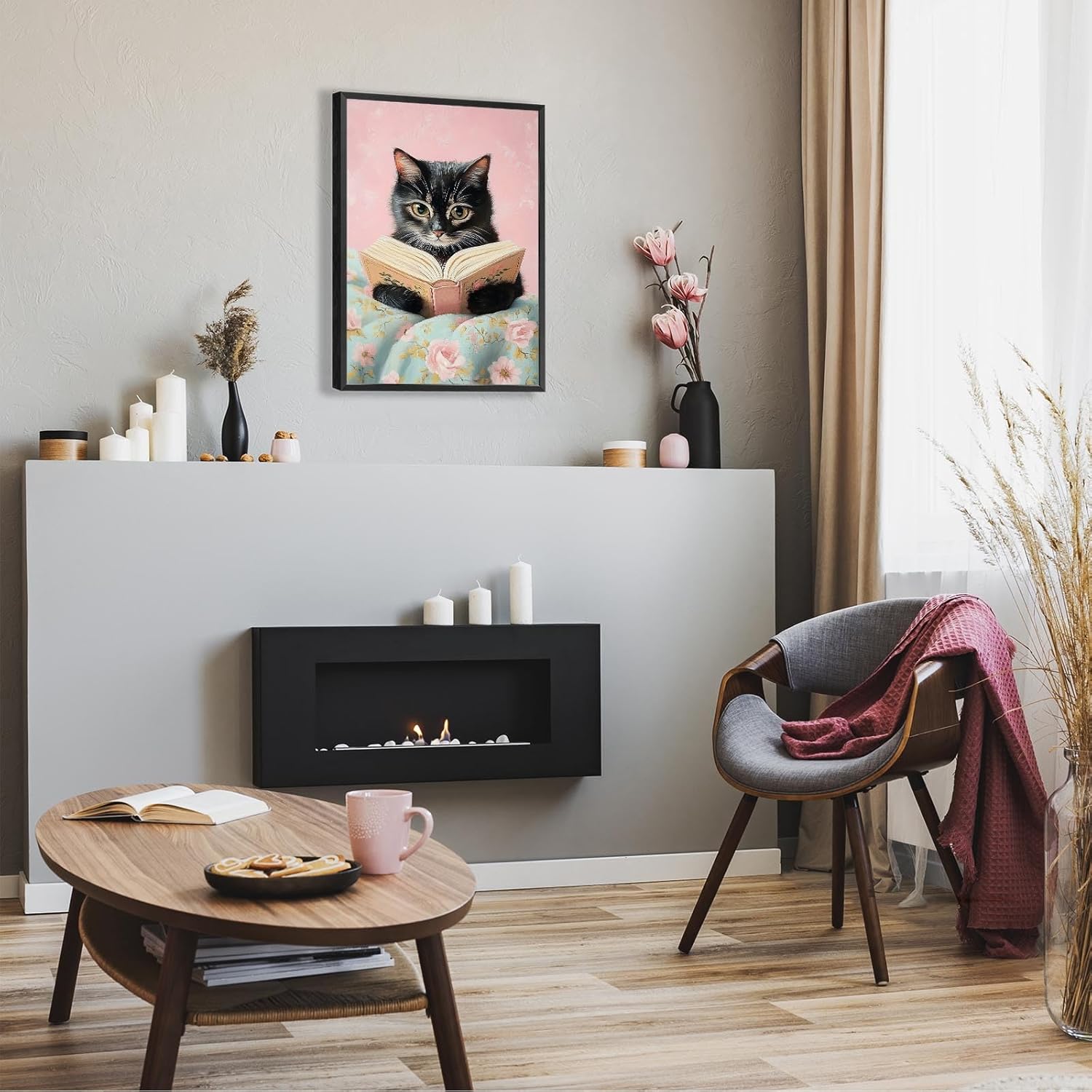 Vintage Cute Cat Canvas Wall Art Funny Cat Covered With Quilt Reading A Book Poster Trendy Cat Lovers Animal Aesthetic Prints Painting For Girls Room Bedroom Dorm Wall Decor 8x12in Framed