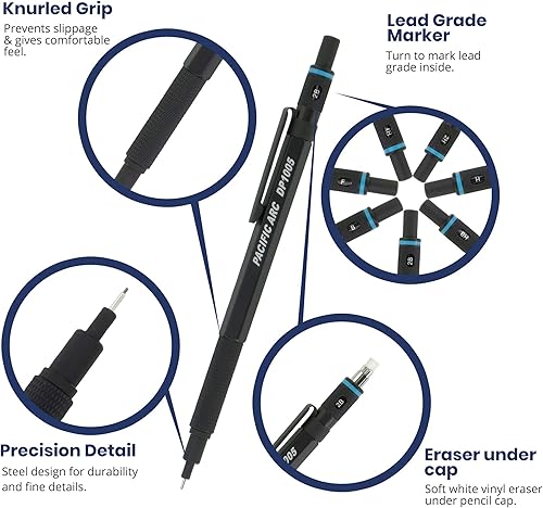 Vista 21 de Pacific Arc Chromagraph - Portaminas de metal de 0.028 in, barril plateado, con indicador de grado de lápiz integrado, soporte para lápiz de plomo