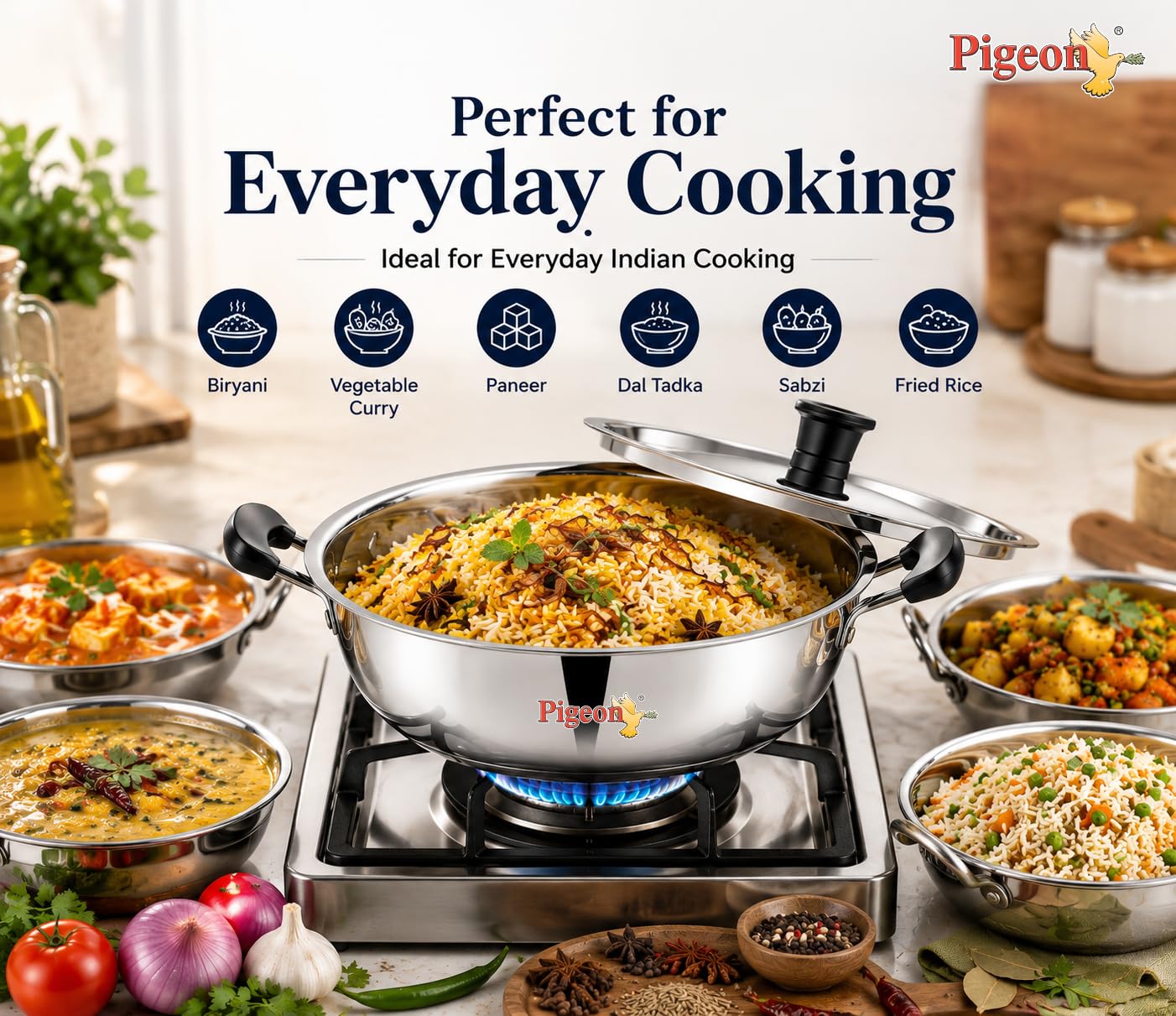Pigeon Stainless Steel Kadai - 1.5L, Even Heating -5