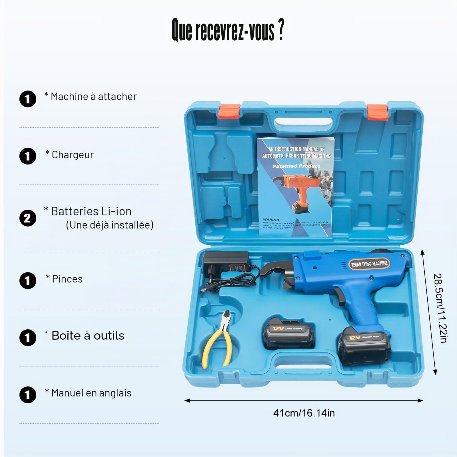 Machine à relier automatique à fil métallique Rebar - Machine à relier le béton armé - Avec batterie - Appareil manuel automatique pour la reliure de barres d'armature - 8 mm - 34 mm (bleu)