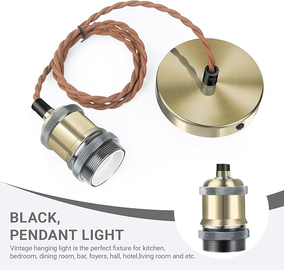 Licperron Vintage Pendant Light Fitting Kit, Brown Twisted Braided Flex Ceiling Lamp, E27 Light Fitting Kit - Antique Brass. 1pack [Energy Class D]