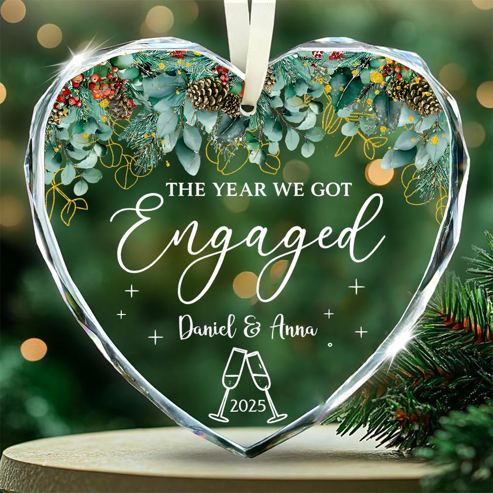 Personalized The Year We Got Engaged Heart Glass Ornament – Custom Name &amp; Year Christmas Keepsake with Pinecone and Eucalyptus Design – Romantic Engagement Gift Ornament for Couples and Holiday Decor