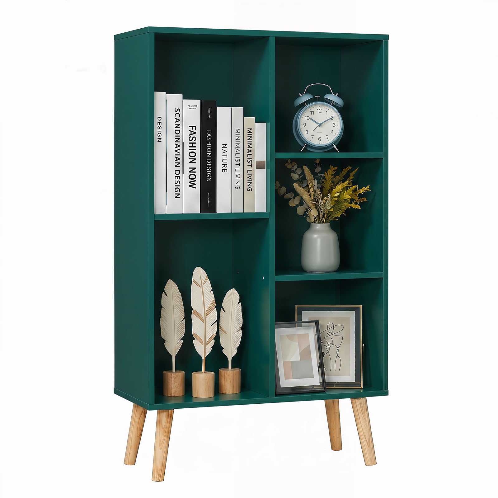 YAHARBO Small Dark Green Bookshelf,3 Tier Modern Kids Bookcase with Legs,5 Cube Wooden Bookshelves Storage Shelf,Book Shelves Organizer,Display Bookcases Cabinet for Room Nursery Study