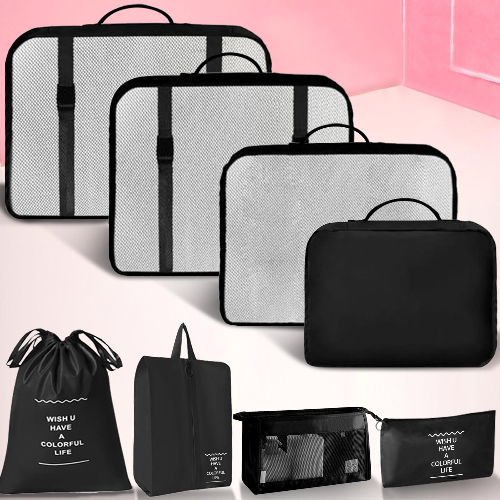 Packing Cubes 8 Set Travel Essentials for Carry on Luggage Organizers Bag Packing Cubes for Suitcases Travel Accessories (Black)