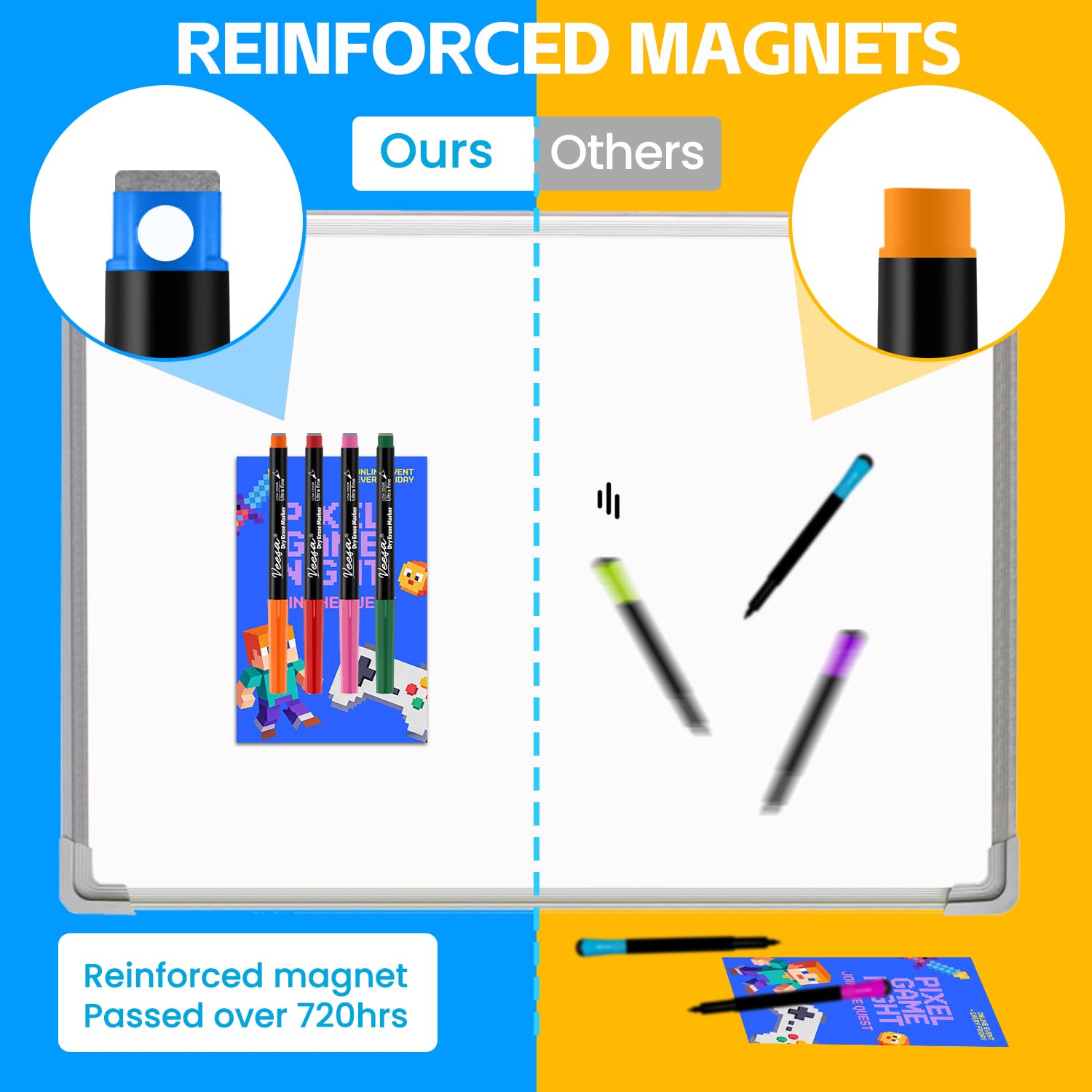 VEESA Whiteboard-Marker, trocken abwischbar, ultrafeine Spitze, 0,7 mm, magnetische Whiteboard-Marker mit Radiergummis, verschiedene Farben, geruchsarm, 12 Stück, Klassenzimmer- und Bürobedarf