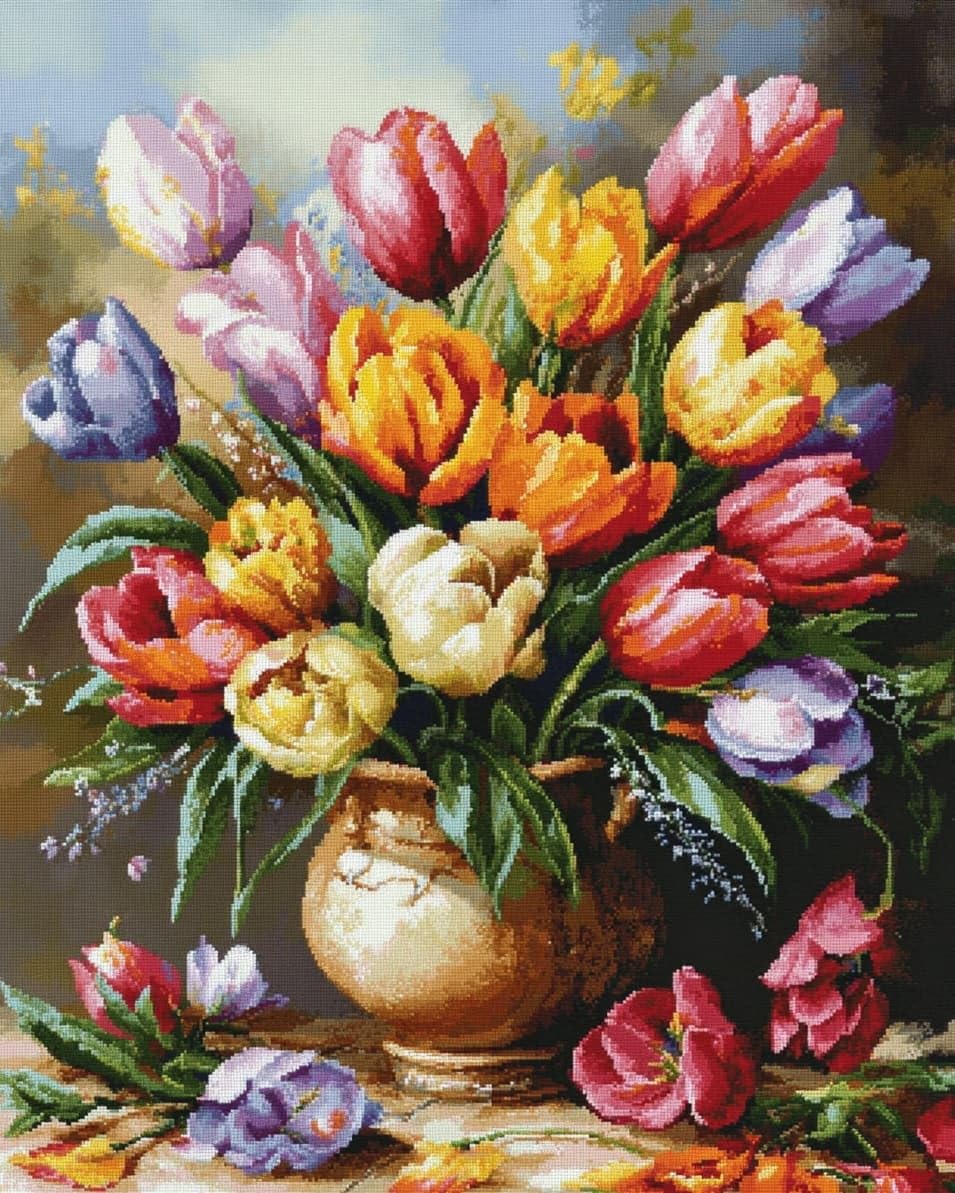 WallustrioaW DIY Stamped Cross Stitch Kits for Beginners,Tulip Vase,11CT Needlepoint Embroidery Cross Stitch Kits Art Craft Wall Decoration,40x50cm